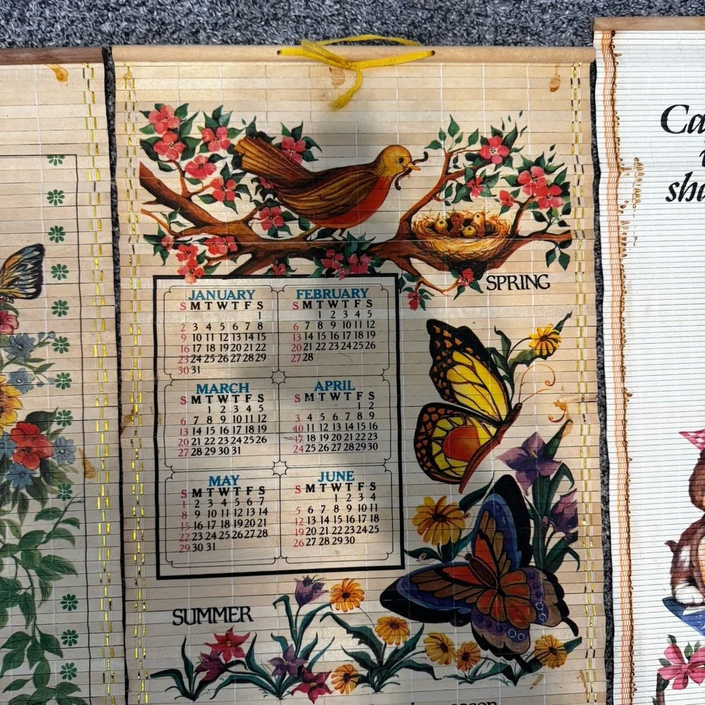 Vintage Giftco 1982, 1983 & 1992 Bamboo Art Wall Scroll Calendars Lot Butterfly